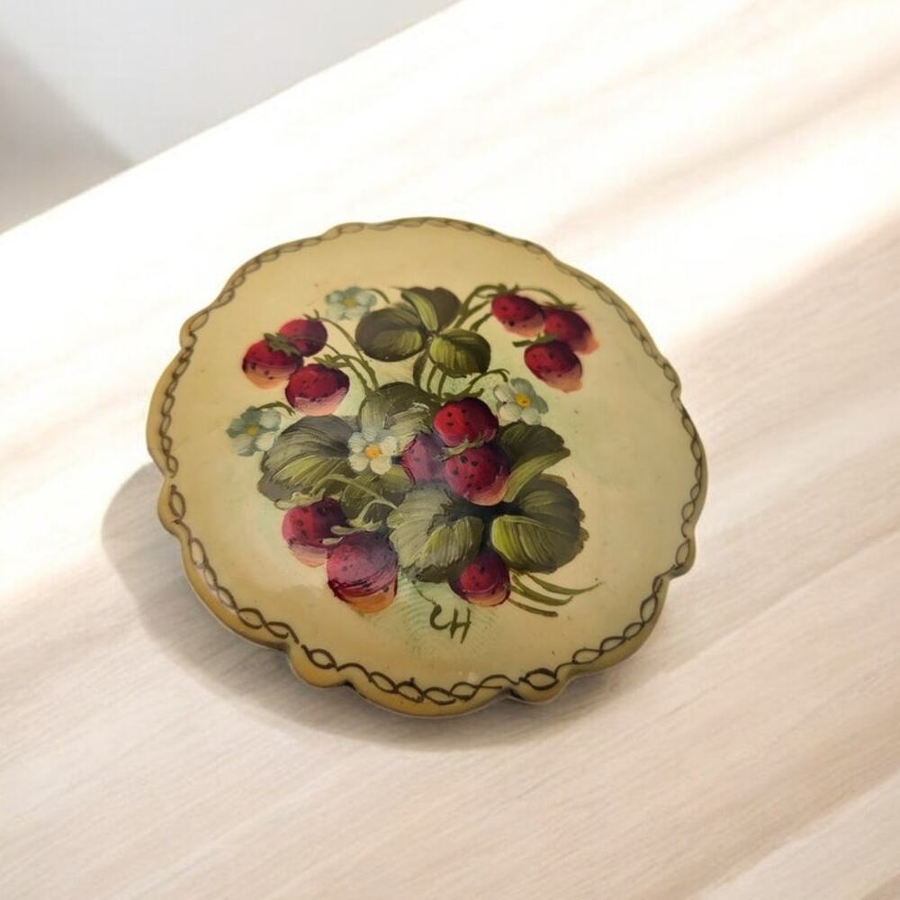 Painted Red Berry Flowers Floral Round Brooch Pin - Cottagecore Artisan Style